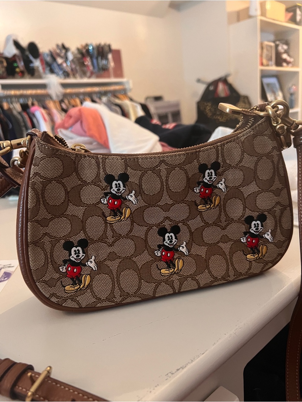 Coach Brown Signature Canvas Mickey Mouse Shoulder Bag